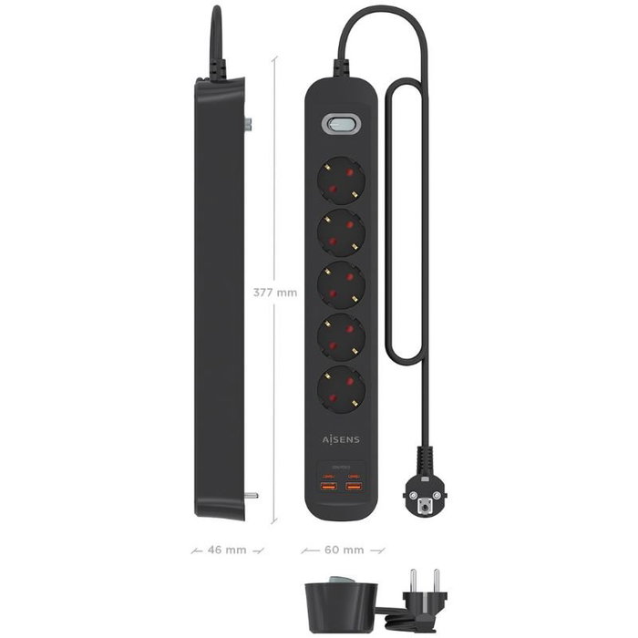 Aisens Regleta de Enchufes con 5 Tomas y Cargador USB 20W Negro Aisens Regleta de Enchufes con 5 Tomas y Cargador USB 20W Negro